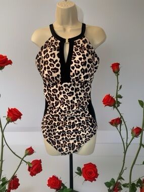 Leopard Print High-Neck One-Piece Swimsuit